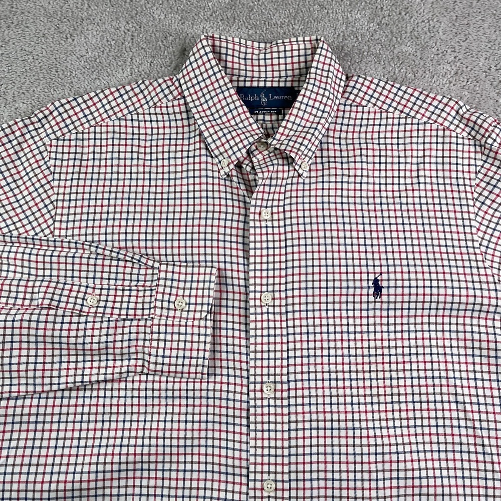 Vintage Ralph Lauren Shirt Mens Large Tan Red Checkered Classic Fit Button Up